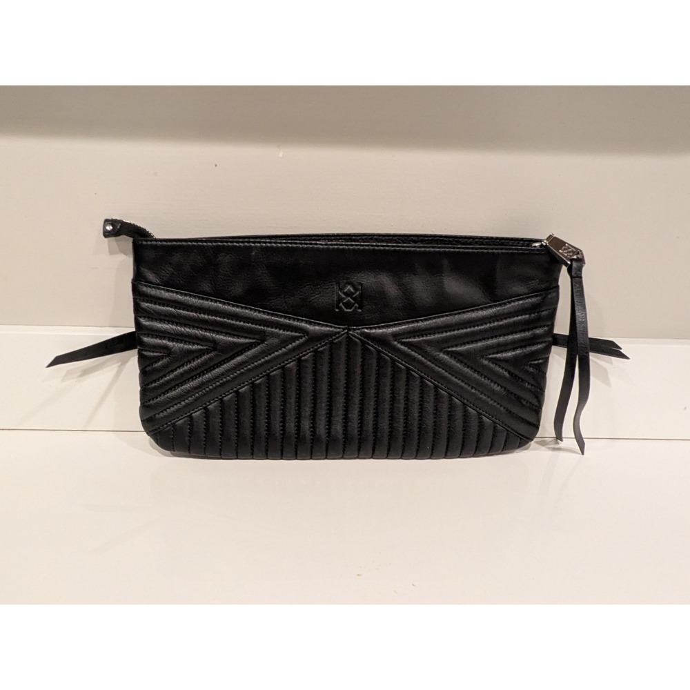 Christopher Kon Big Quilted Leather Zip Clutch Purse Black Bag Biker Tassels
